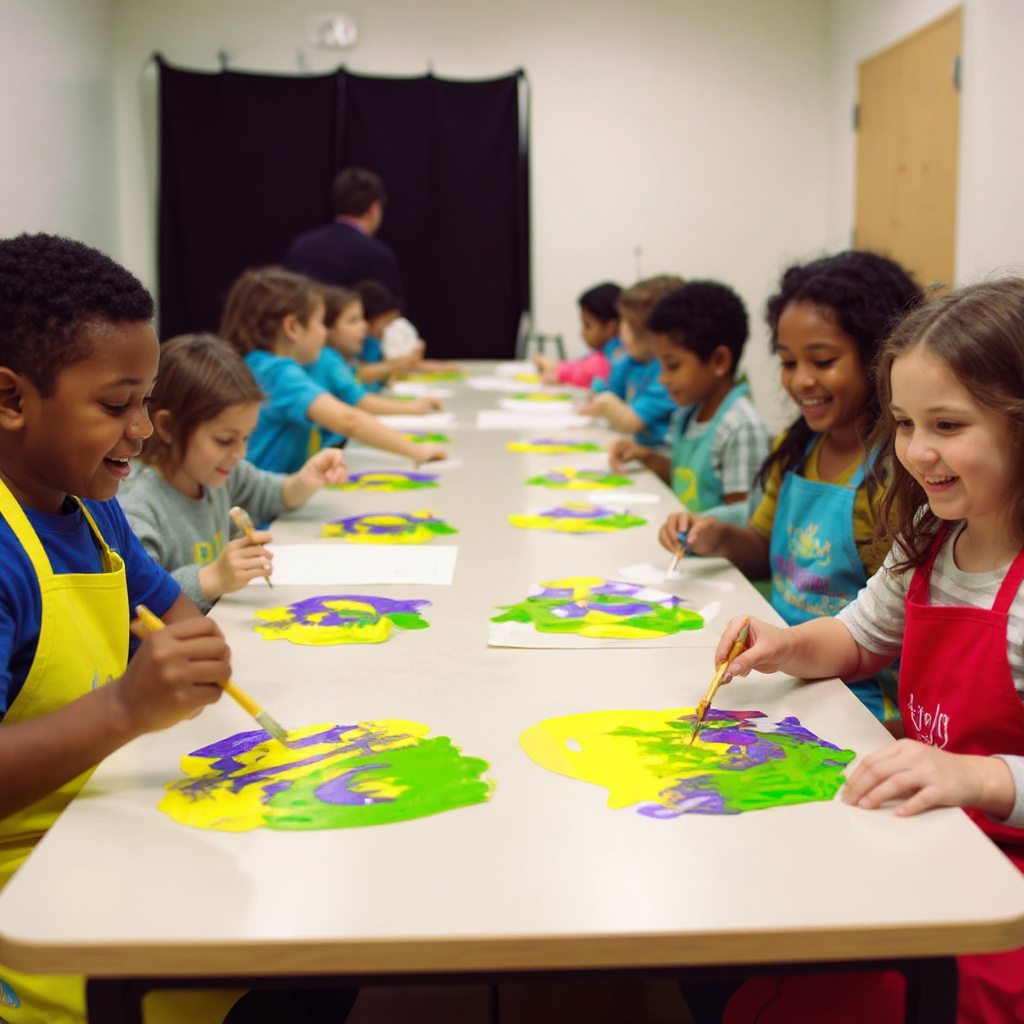 Niños participando en actividades de pintura inclusiva durante una fiesta infantil, fomentando creatividad y diversión adaptada.