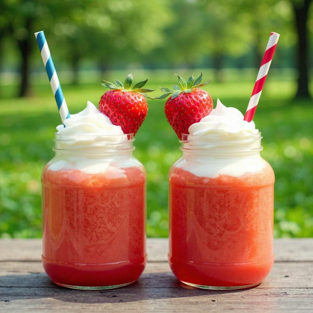 Dos batidos de fresa con nata montada y pajitas de colores, una bebida refrescante y original para fiestas infantiles.