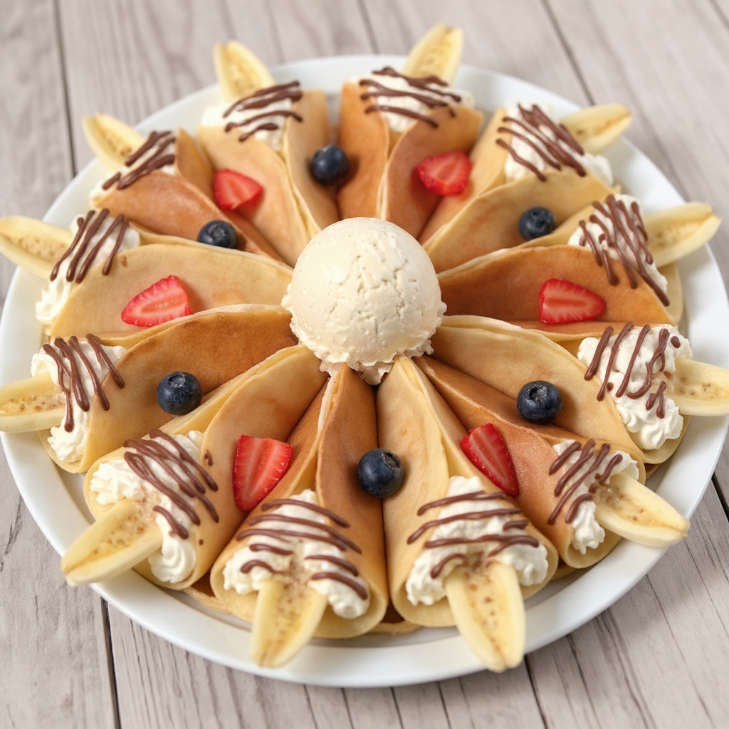 Crepes pequeños rellenos de nata, plátano, fresas y arándanos, decorados con chocolate y helado, ideales para fiestas infantiles.