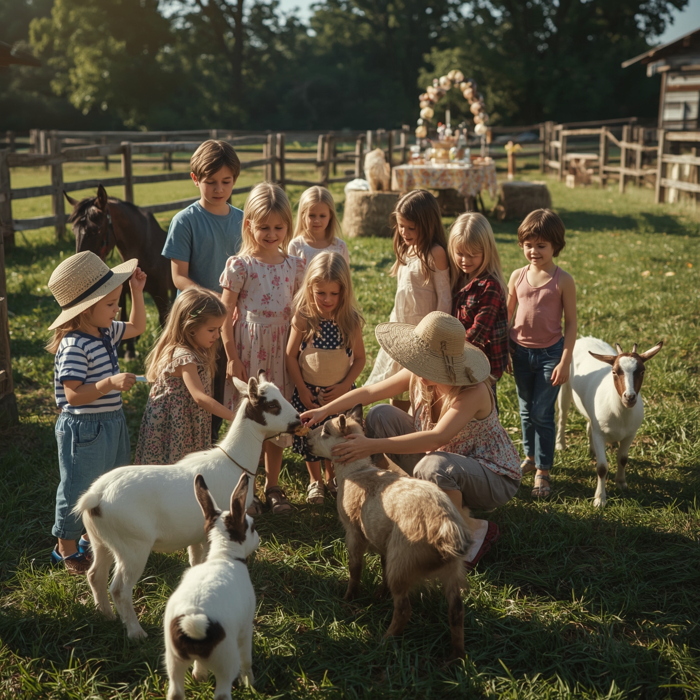 Niños disfrutando de una fiesta infantil en la granja, acariciando cabras y conejos, rodeados de pacas de paja, mesas de picnic y decoración rústica en un entorno natural.