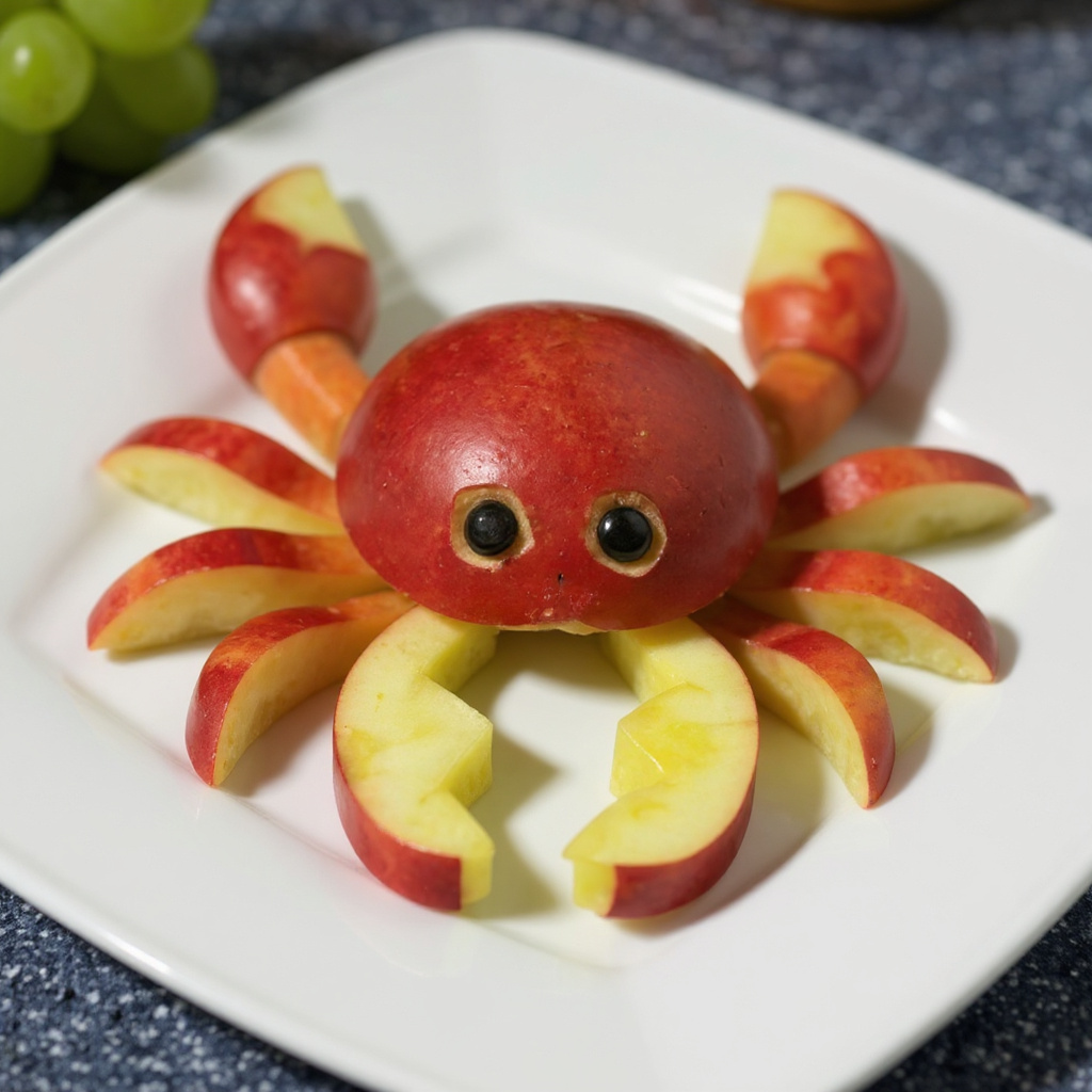 Fruta creativa con manzana cortada en forma de cangrejo, una merienda saludable y original para fiestas infantiles.