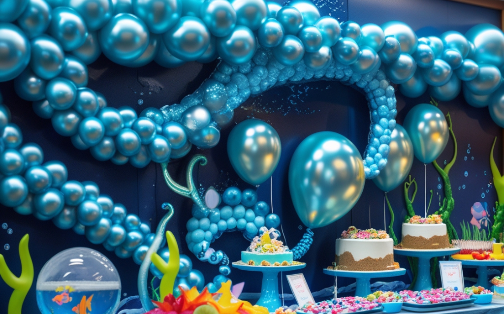 Decoración de fiesta infantil con temática del fondo del mar, globos azules en forma de pulpo, mesa de candy bar con tartas, frutas y dulces coloridos, en un ambiente creativo y moderno.