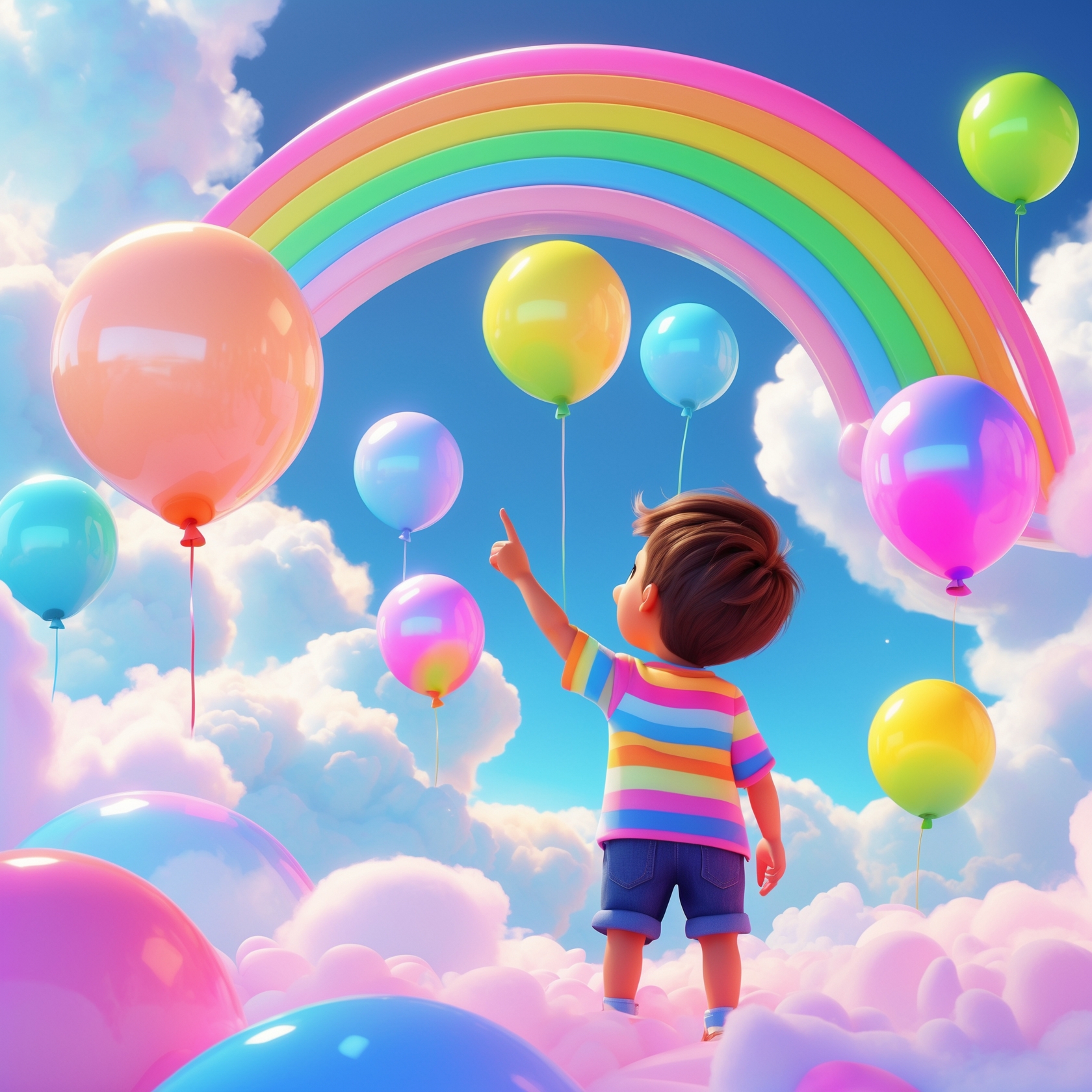 Ilustración 3D estilo Pixar de un niño mirando globos de colores bajo un arcoíris en un cielo mágico y brillante